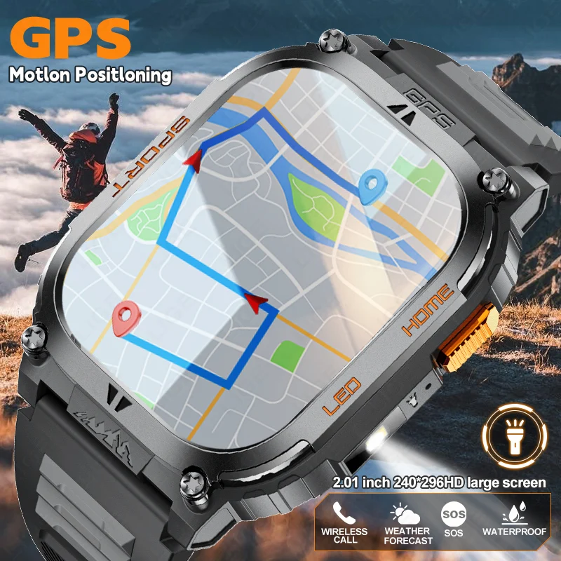 

New GPS Positioning Smart Watch LED Flashlight 1.96'' HD Screen Compass Watches Bluetooth Call Waterproof Sports Men Smartwatch