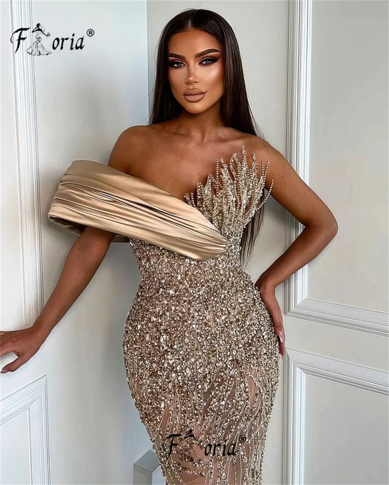 Elegant Dubai Pearls Mermaid Evening Dresses 3D Appliques Formal Prom Dress Arabic Beads Crystals Party Gowns Robe De Soiree