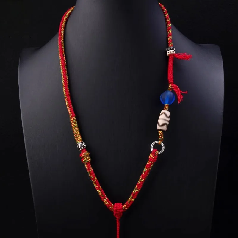 Tibetan Hand Woven Tangka Hanging Tianzhu Necklace Cinnabar Beeswax Pendant Rope Sweater Chain  Lucky Jewelry