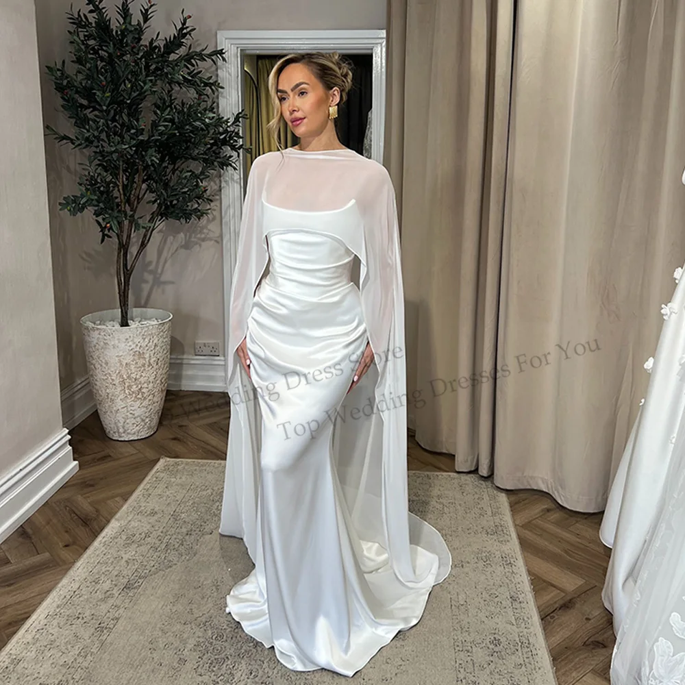 

MCDV Satin Wedding Dress For Bride Sleeveless With Cape Sweep Train Civil Dresses For Bride Vestido De Novia Curvy Customized