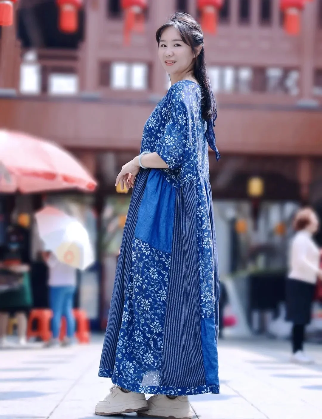 Luxury women's dress Vintage printing patchwork short sleeve dresses robe Chinese style plus-size loose Summer holiday dresses