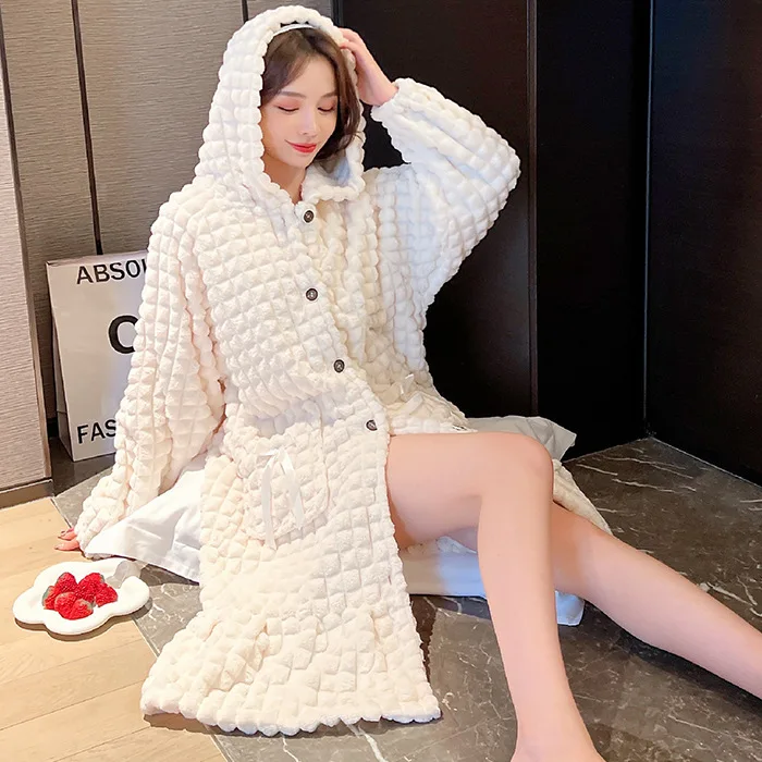 Flannel Sexy Nightgown Women\'s Winter Hooded Coral Fleece Thickened Velvet Robe Sweet Cute Homewear Female Bathrobe Nightwear