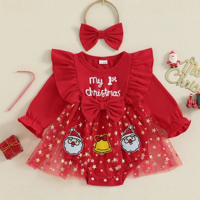 

Newborn Baby Kids Princess Christmas Red Sequined Mesh Bow Romper Dress for Infants Girls Cute Clothing With Headband