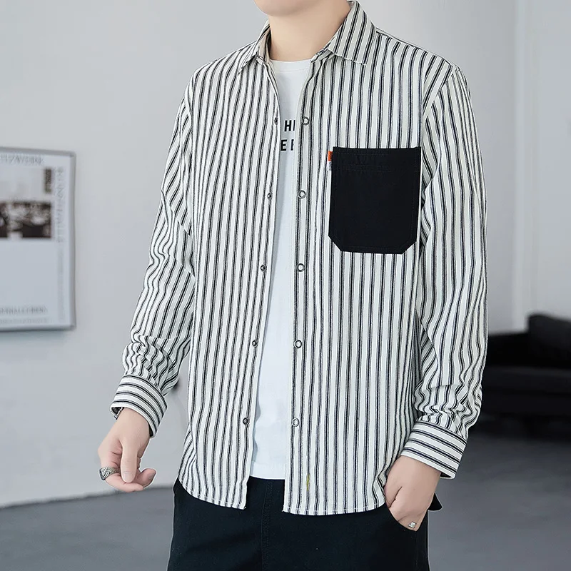 Spring Autumn Men's Button Turn-down Collar Solid Pockets Striped Long Sleeve Cardigan Shirt Coats Casual England Style Tops