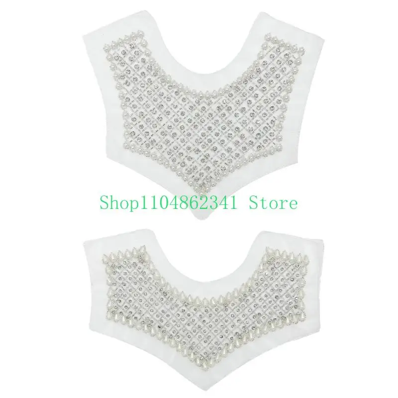 5ASD أنيقة أورجانزا من طوق الدانتيل خط العنق مع أحجار الراين لؤلؤة الخرز خياطة على بقع لثوب الزفاف فستان DIY