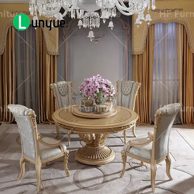 Luxury French Rococo Dining Table Set Hand Carved Gold Foil with Tufted Chairs for Villa Dining Room Elegant Antique Style