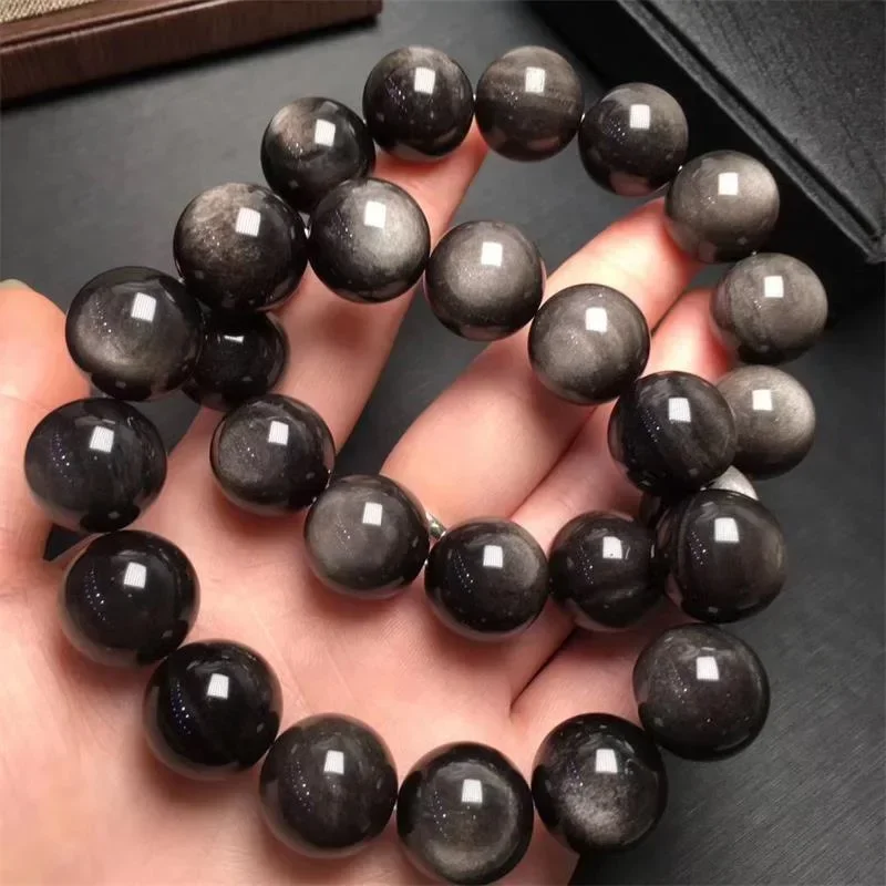 Natural Silver Obsidian Bracelet for Men and Women's Round Beads Cat Eyes Wealth Transfer Crystal Bangle Grand Gift view 4