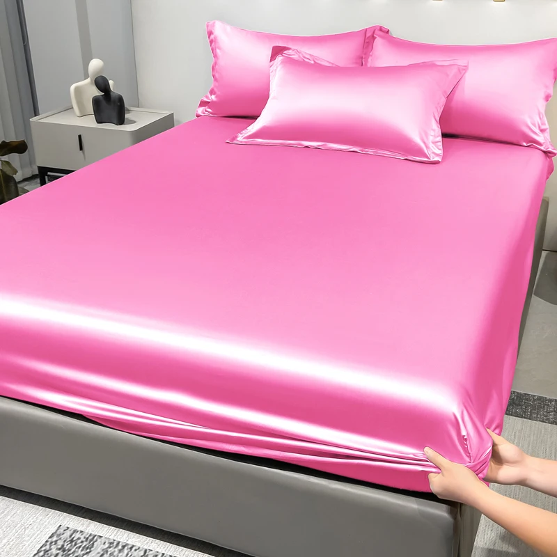 1 Simple Modern Satin Solid Color Fitted Sheet,light powder Color Ice Silk Bedspread For Bedroom,Bedding (Excluding Pillowcases)