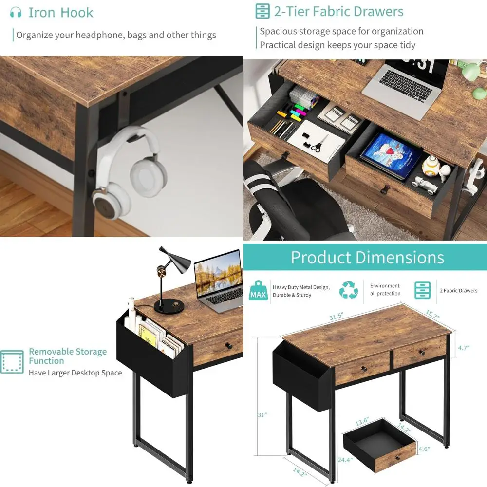 

Compact 2-Drawer Desk for Bedroom, 31 Storage Desk with Fabric Drawers, Rustic Brown, Ideal for Small Spaces