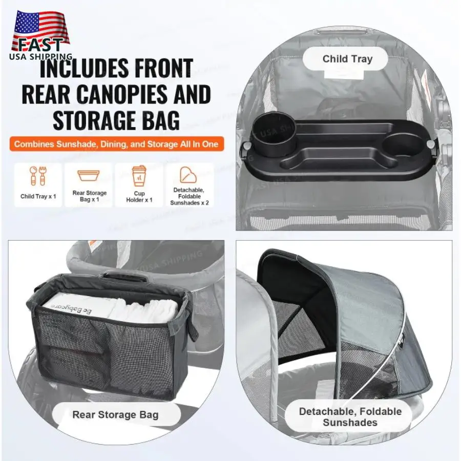

All-Terrain Stroller Wagon 2 Seats Foldable Expedition 2-in-1 Collapsible Wagon Stroller Includes Canopy Parent Organizer Snack