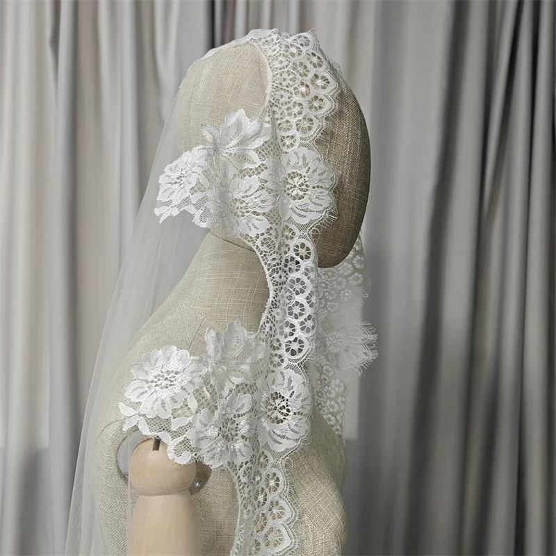 Customized Mantilla Veil with Eyelash Lace, 2m/2.5m/3m Single Tier Wedding Veil, Elegant Lace Ivory Bridal Veil with Hidden Comb