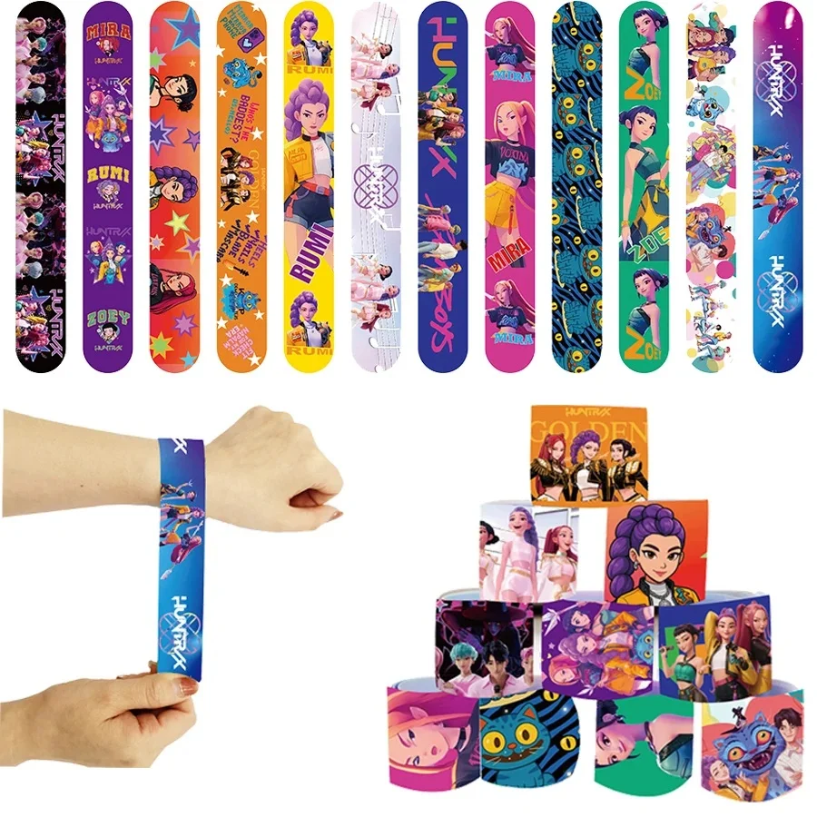 12PCS K-POP Demon Hunters Snap Bracelet Set, HUNTR/X Snap Wrap Hand Band for Kids, PVC Slap Bracelet Party Favors, Anime Toy