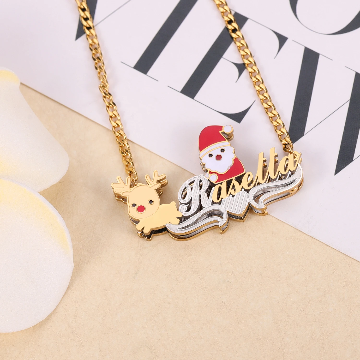 Dascusto Personalized Name Necklace Christmas Santa & Reindeer Design Two - Tone Double - Layer Custom Festive Jewelry for Women