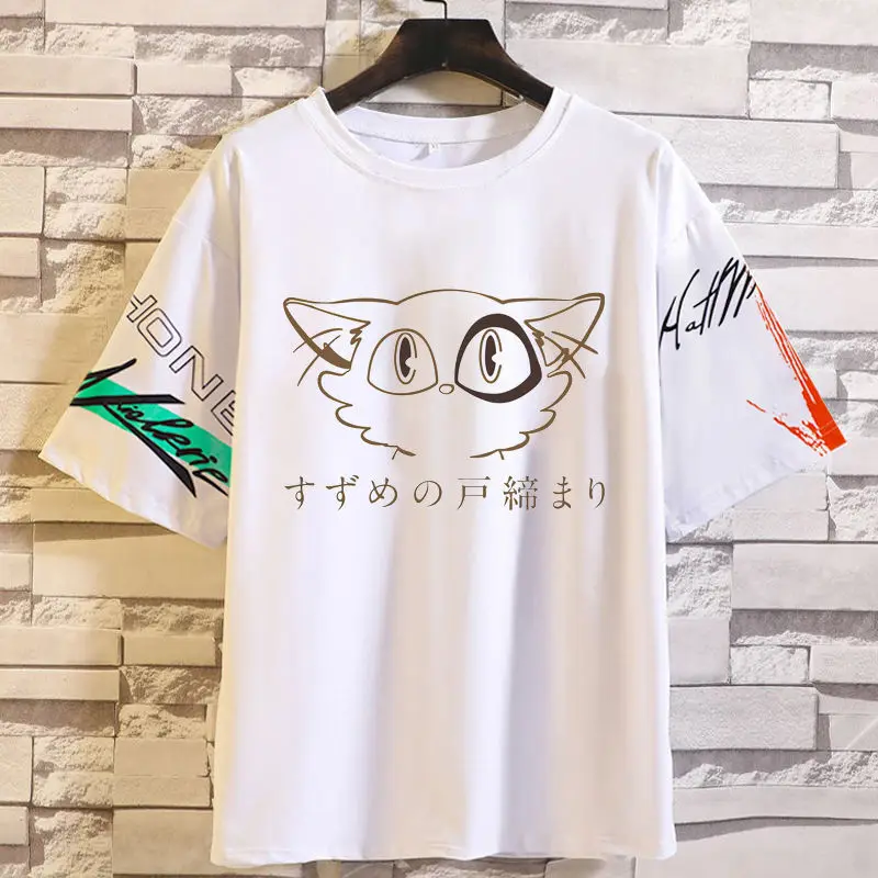 อะนิเมะเกมสินค้าซูซูเมะ'การเดินทางเสื้อยืดแขนสั้นฤดูร้อนยู ไนเซกซ์ ซูซูเมะ โทมิโอกะแมวหลวม PLUS ขนาด