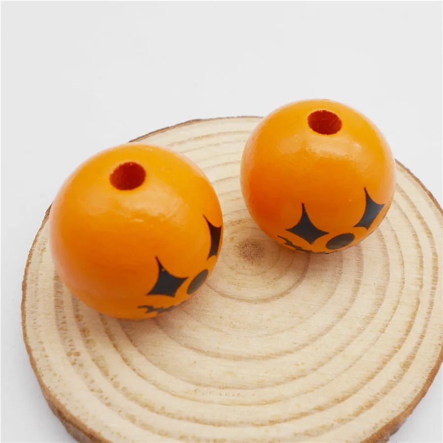 10PCS 25mm Wooden Grimace Pumpkin Beads Halloween Natural Ball Round Wood Loose Spacer Beads Bracelet Making Decor