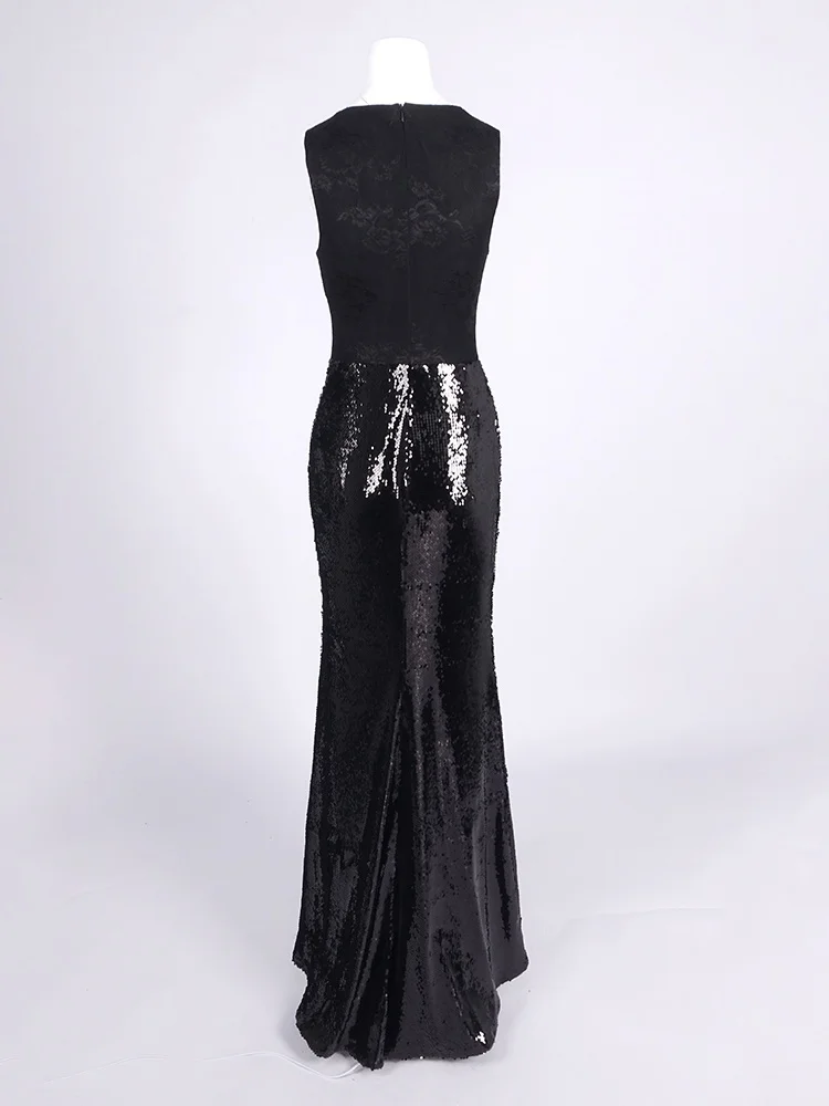 Opulent Black Lace Sequin Patchwork Evening Long Dresses – Deep V Neckline See-Though Women's Prom Party Vestidos