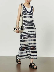 Striped Sophistication Crochet Dress Vintage Color Clash Knit Cutout Vacation Sweater Dress Sleeveless Summer Woman Clothing