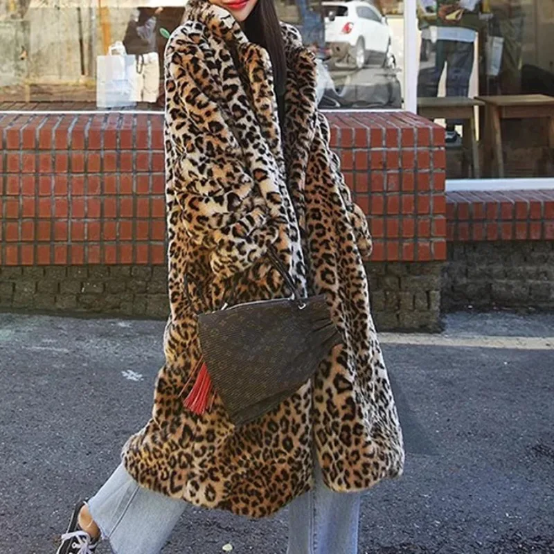 European and American Long Imitation Fur Coat Leopard Printed Thickened Plush Warm Coat Street Style Fashion Top