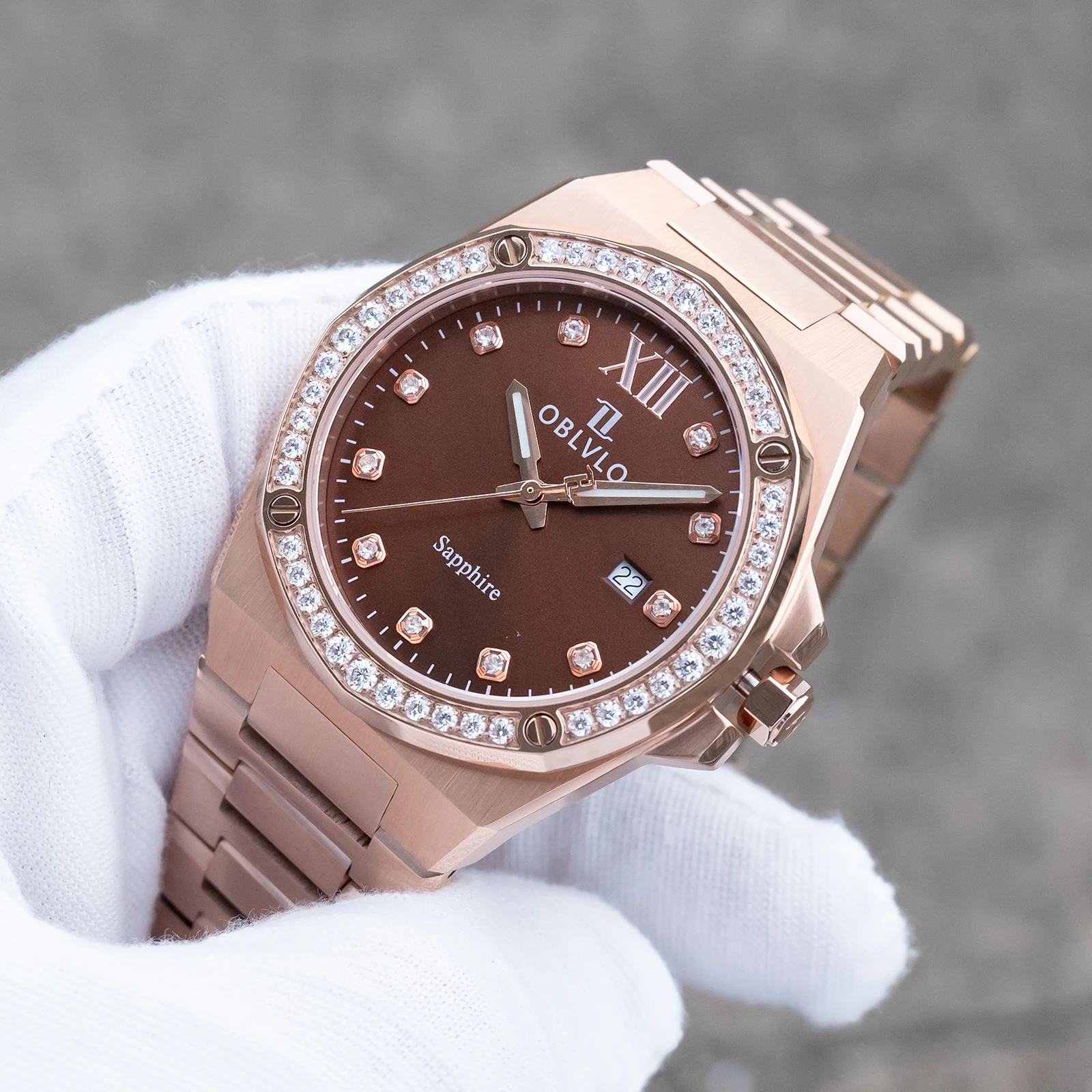 OBLVLO Men's Rose Gold Quartz Watch with Brown Dial Date Feature Elegant Octagon Bezel Couple Watches Waterproof AWM-D