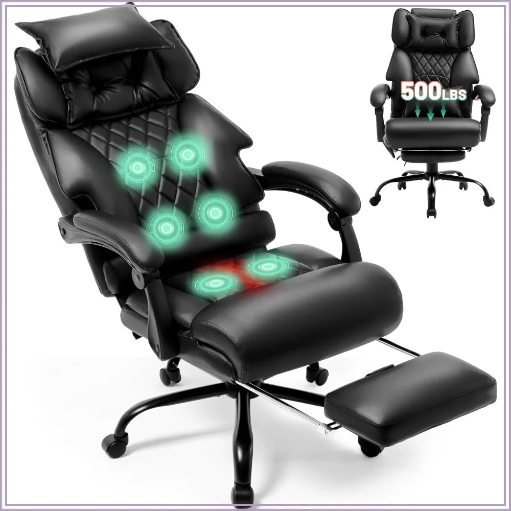 Massage Office Chair with Foot Rest 6 Point Vibration Heat 500LBS Big Tall Ergonomic Reclining Black