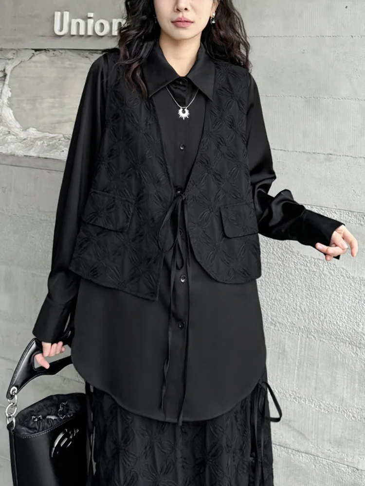 [EAM] Black Big Size Shirt Half-body Skirt Two Pieces Suit New Lapel Long Sleeve Women Fashion Tide Spring Autumn 2024 1DH4805