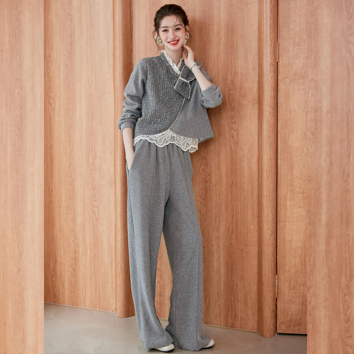LOUIS YAO Lace Splicing Set Long Sleeve Top Pants 2025 Autumn Stylish Contrast Color Nail Bead Women's Two Piece Set