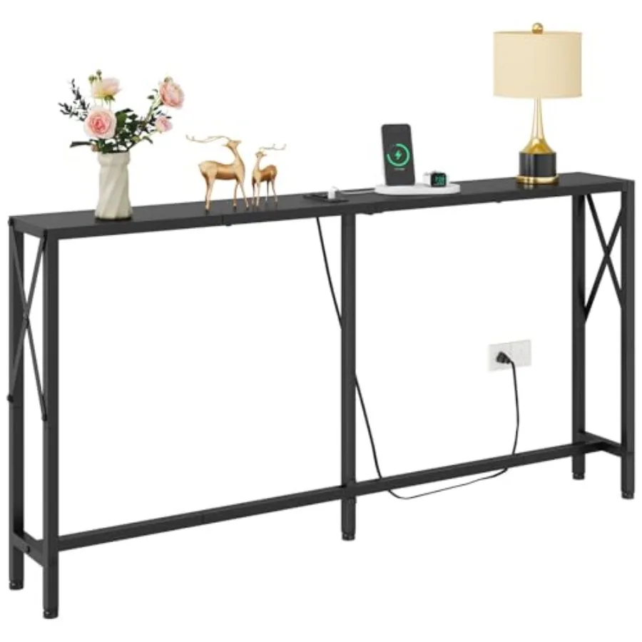 

55.1 Narrow Sofa Table for Entryway, Living Room, Bedroom Industrial Black Metal Console Table with Outlets USB Ports, 6.5 Feet