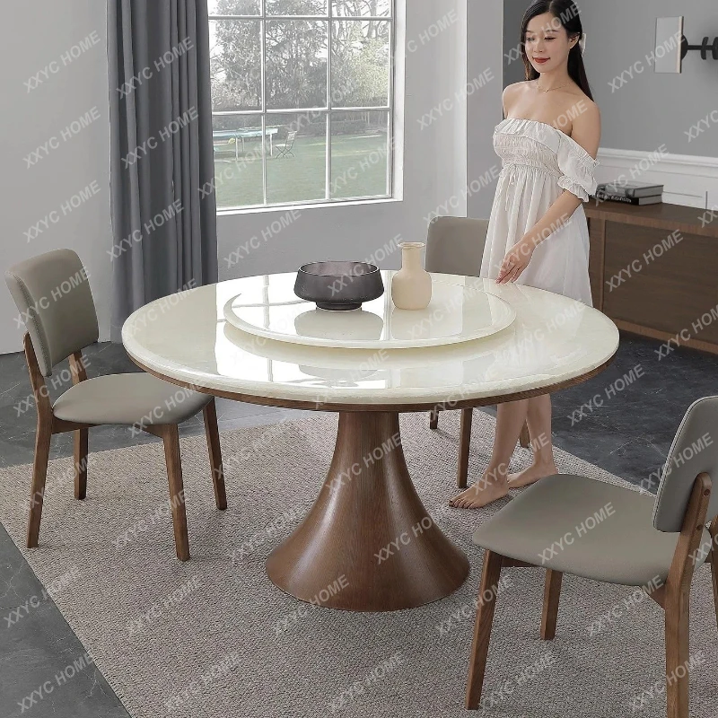 Hh2cc New Chinese-style luxury pure natural translucent marble dining table with turntable white ice flower household