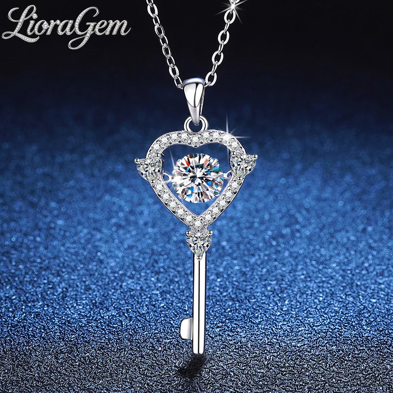 LioraGem Women's Heart-Shaped Key Diamond-Studded Pendant, Sparkling 1-Carat Moissanite Necklace Platinum PT950 Stamp