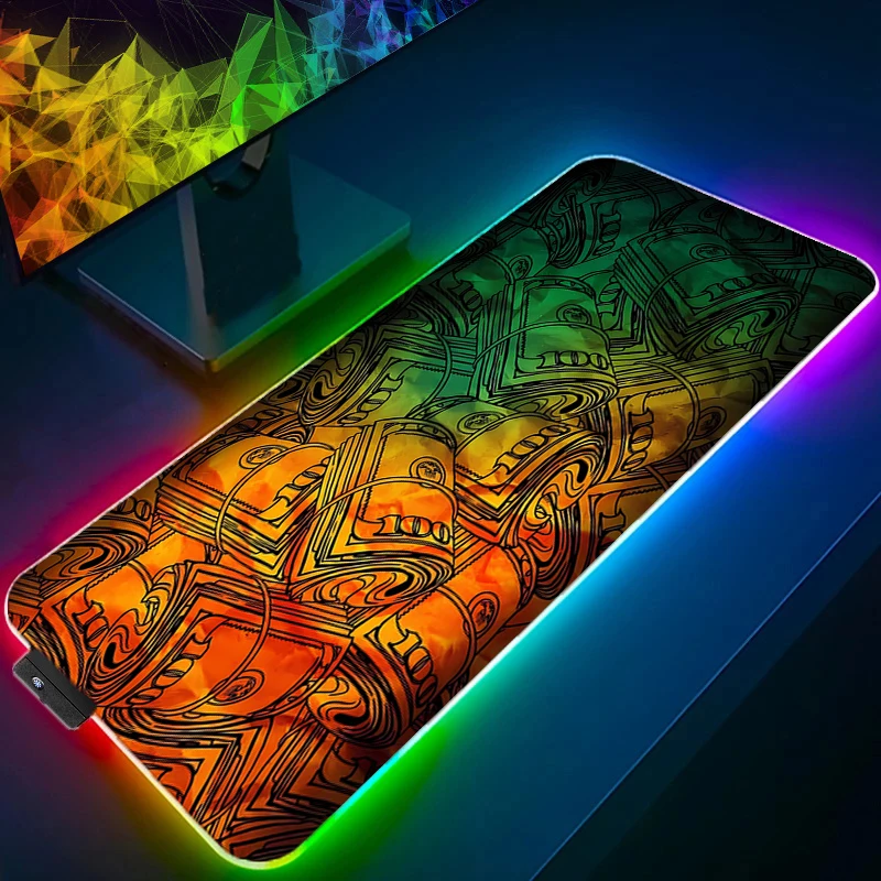 Black U.S. dollar LED Light Large Mouse Pad RGB Laptop Pc Gamer Keyboard Mat XXL Mousepad LED Edge White Tassel Rubber Table Mat