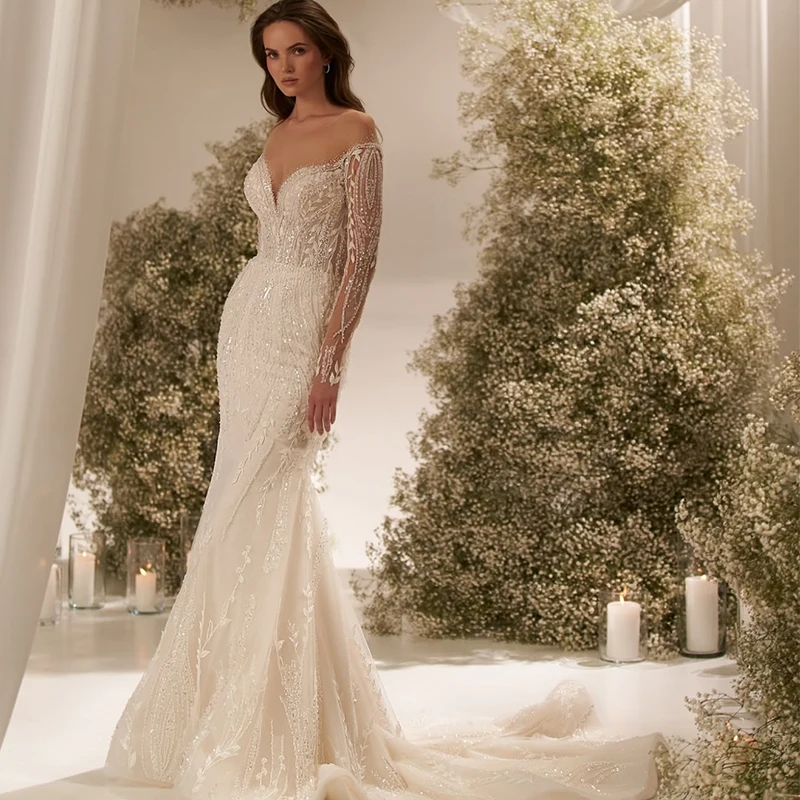 Elegant Mermaid Wedding Dress Bead With Organza Embroidery Ball Gown O-Neck Full Sleeve Customized Bride Button Vestido De Novia