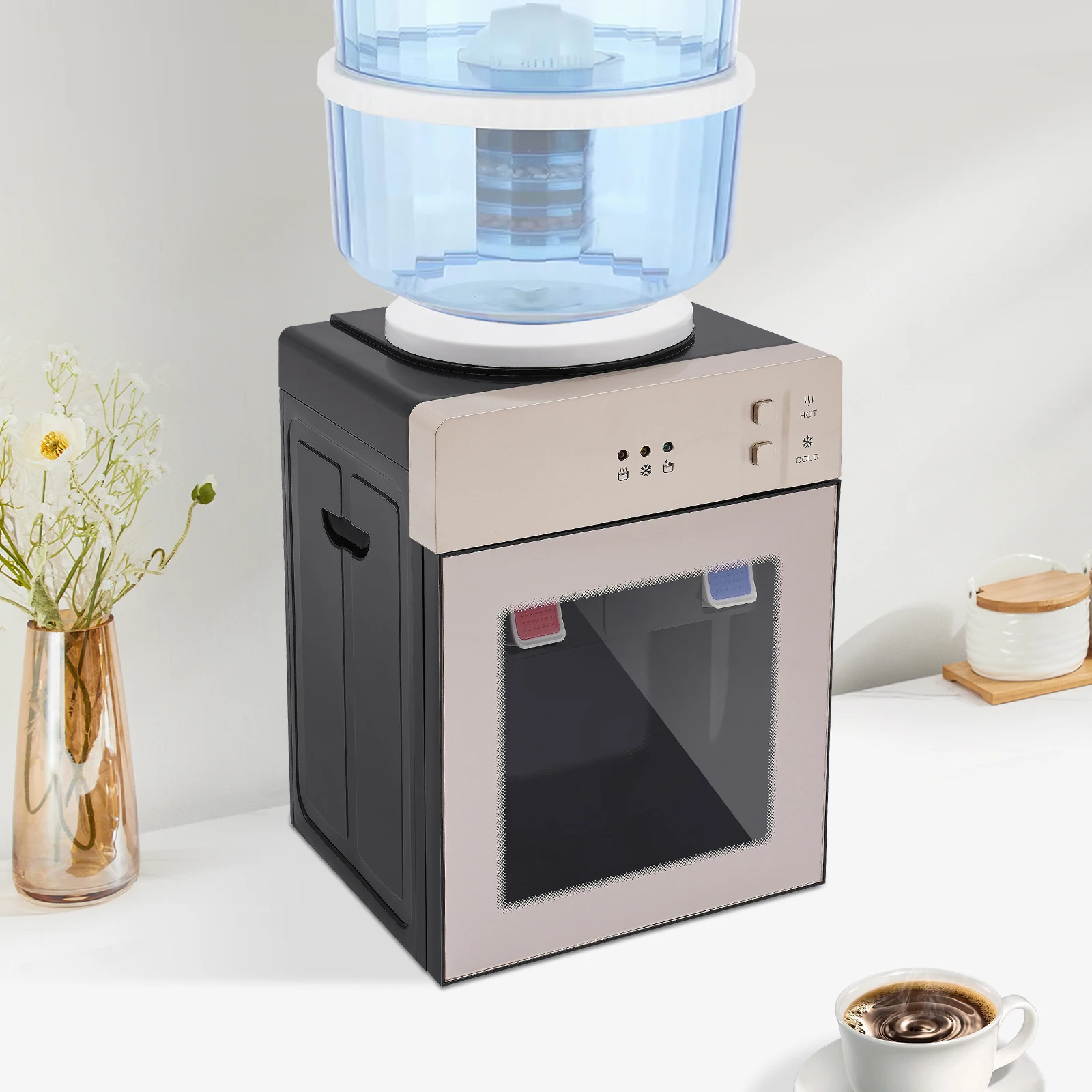 

Top Loading Countertop Water Dispenser Hot Cold & Room Temp, 110V US Plug, Champagne Gold, 500W Heating/75W Cooling, 4.5-18.9L