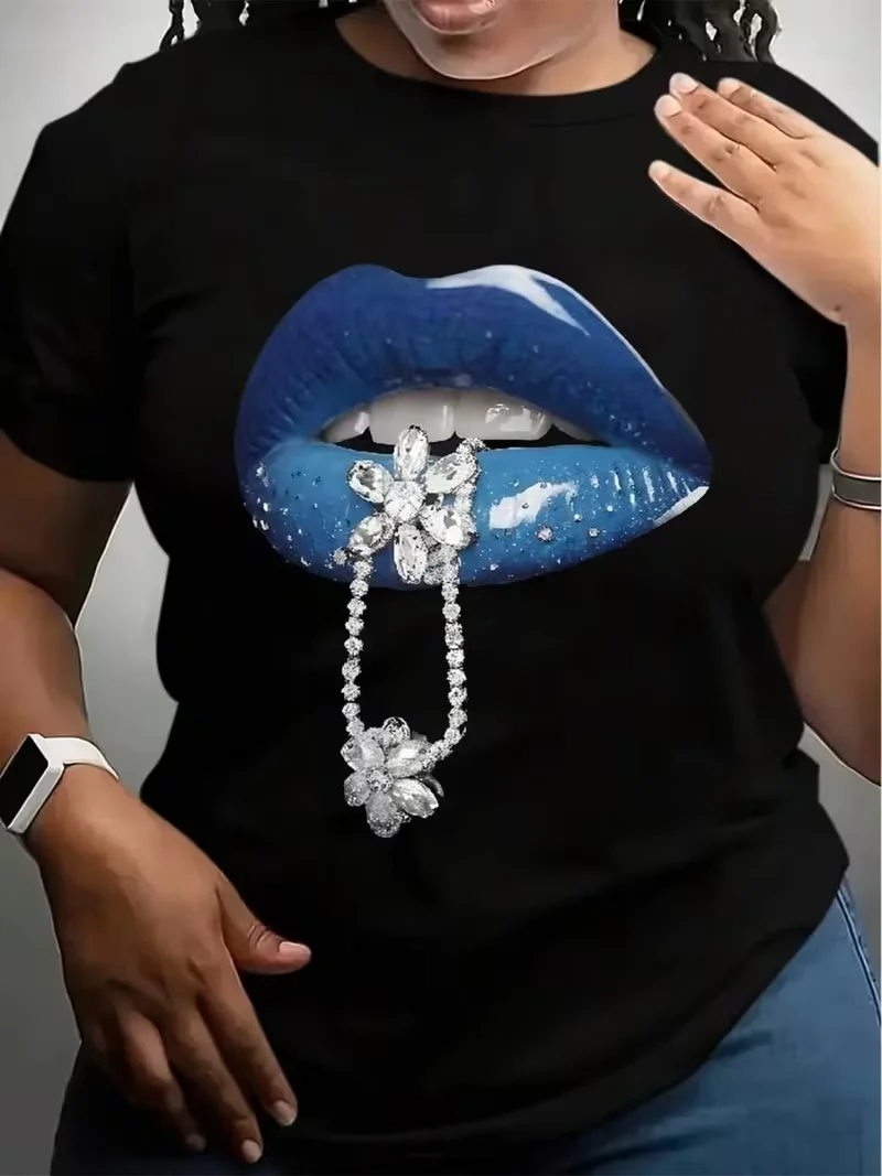 1pc Women's Black T-Shirt with Blue Lips& Diamond-Studded Chain Print- Casual Crew Neck, Short Sleeve  Y2k Clothes Women T Shirt