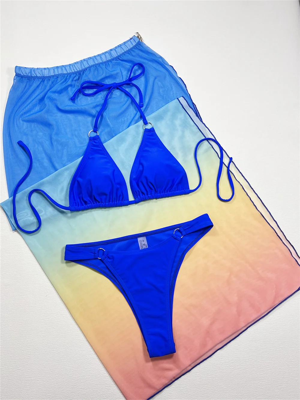 Triangle Blue Bikini Swimsuit Halter String Backless Rings Vacation Swimwear Gradient Mesh Skirt Women Bathing Suit Beach Outfit