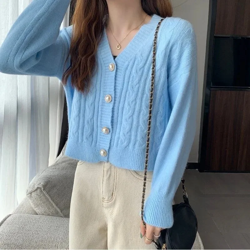 سترات نسائية محبوكة بأكمام طويلة ورقبة على شكل حرف v سترات خارجية متينة ورقيقة للربيع والخريف سترات تريكو موضة كورية سترات حمراء