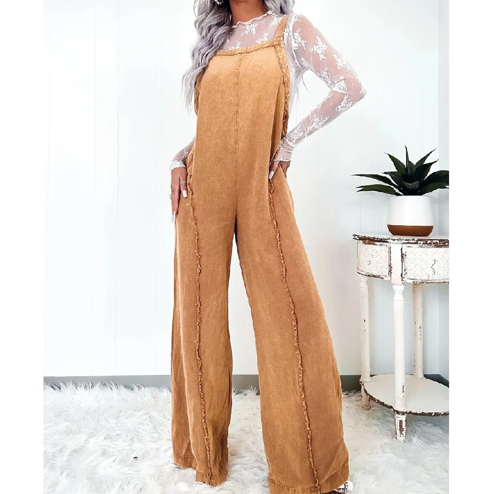 Women Denim Rompers and Jumpsuits Ladies Vintage Wide Leg Jeans Long Jumpsuits Combinaison Femme