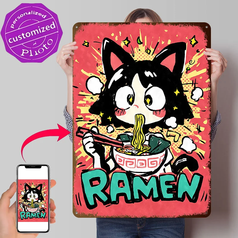 Chibi Cat Girl Ramen Poster Retro 3D Printed Metal Signs Customized Wall Hanging Gift for Bedroom Decoration Gaming Wand Deko