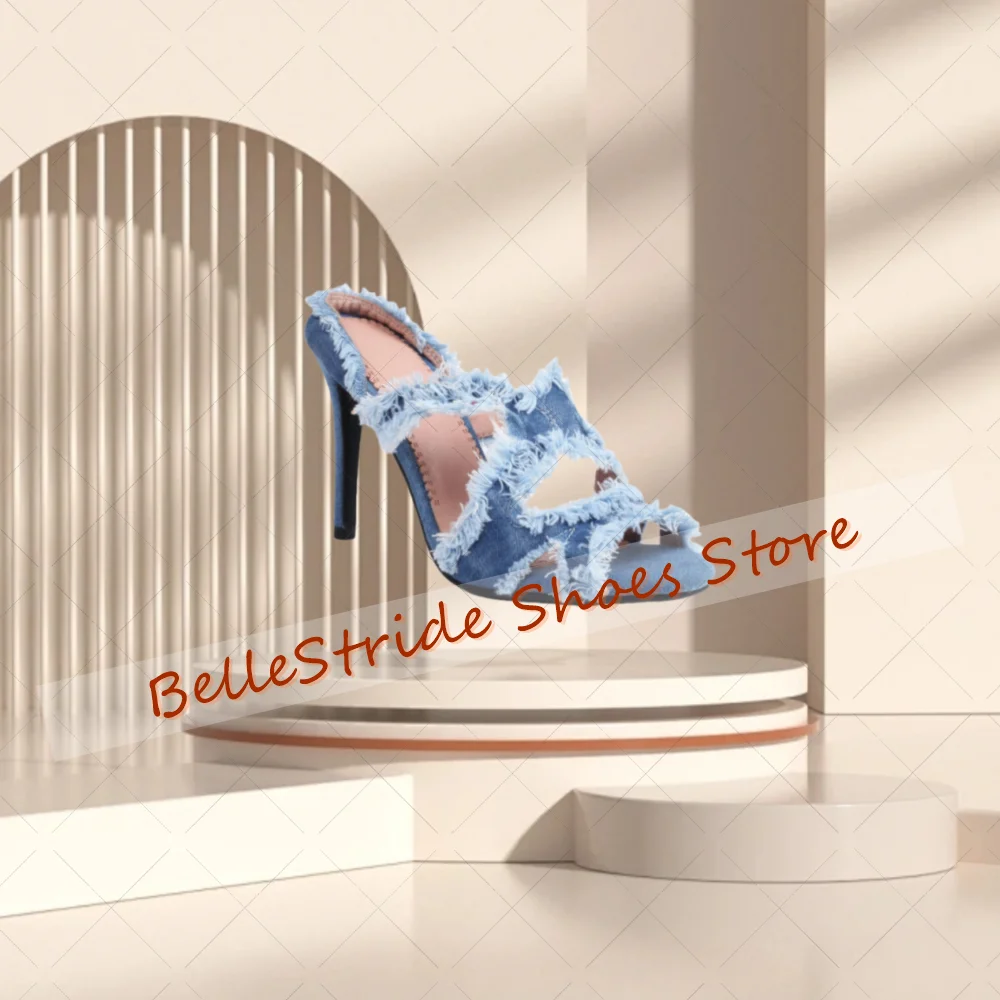 شباشب مجوفة بحواف خام من الدنيم الأحمر أحذية نسائية مفتوحة من الأمام بكعب عالٍ للحفلات والولائم والمواعدة 2025 Zapatos Para Mujere