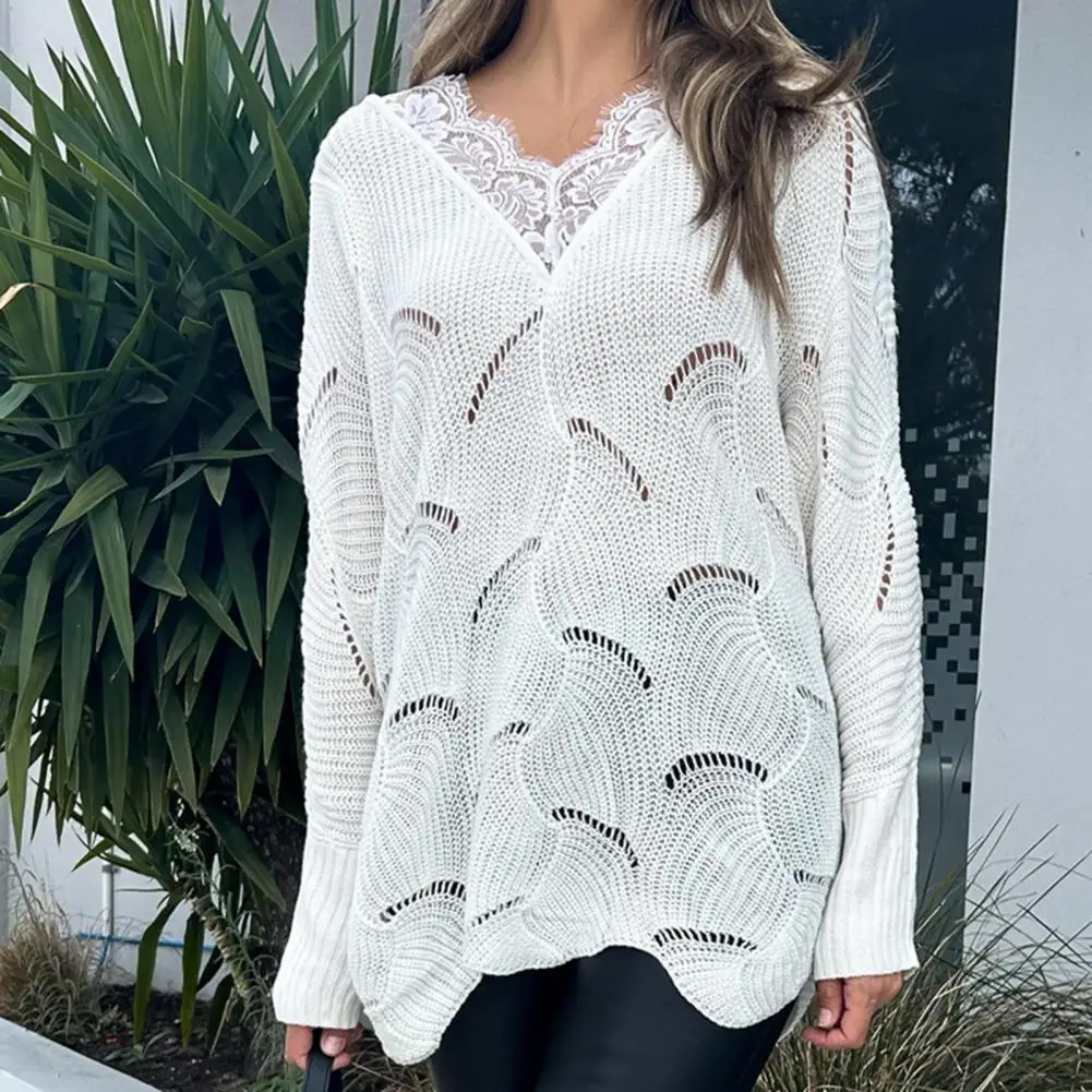 

Women Casual Lace Sweater Stylish Women's Hollow Design V Neck Sweater with Lace Detail Casual Pullover Knitted for Streetwear