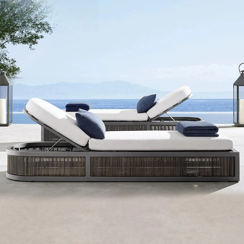 Outdoor villa courtyard swimming pool bed open-air sunbathing rattan recliner coffee table combination