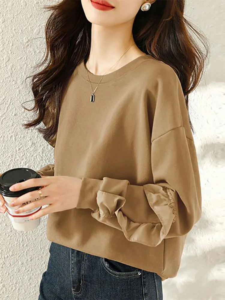 

ZANZEA Casual Loose Solid Ruffled Tops Women Long Sleeve T Shirt Korean Fashion Round Neck Tunics Holiday Drop Shoulder Blusa