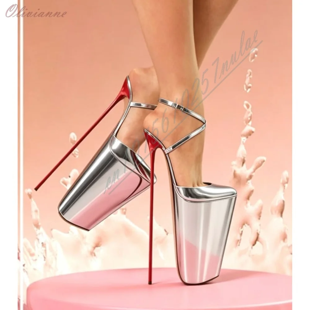 Pole Dance Stage Show Mirror Metallic Platform Sandals Red Super Thin Stiletto Cross Adjustable Ankle Strap Shoes 2026 Sexy