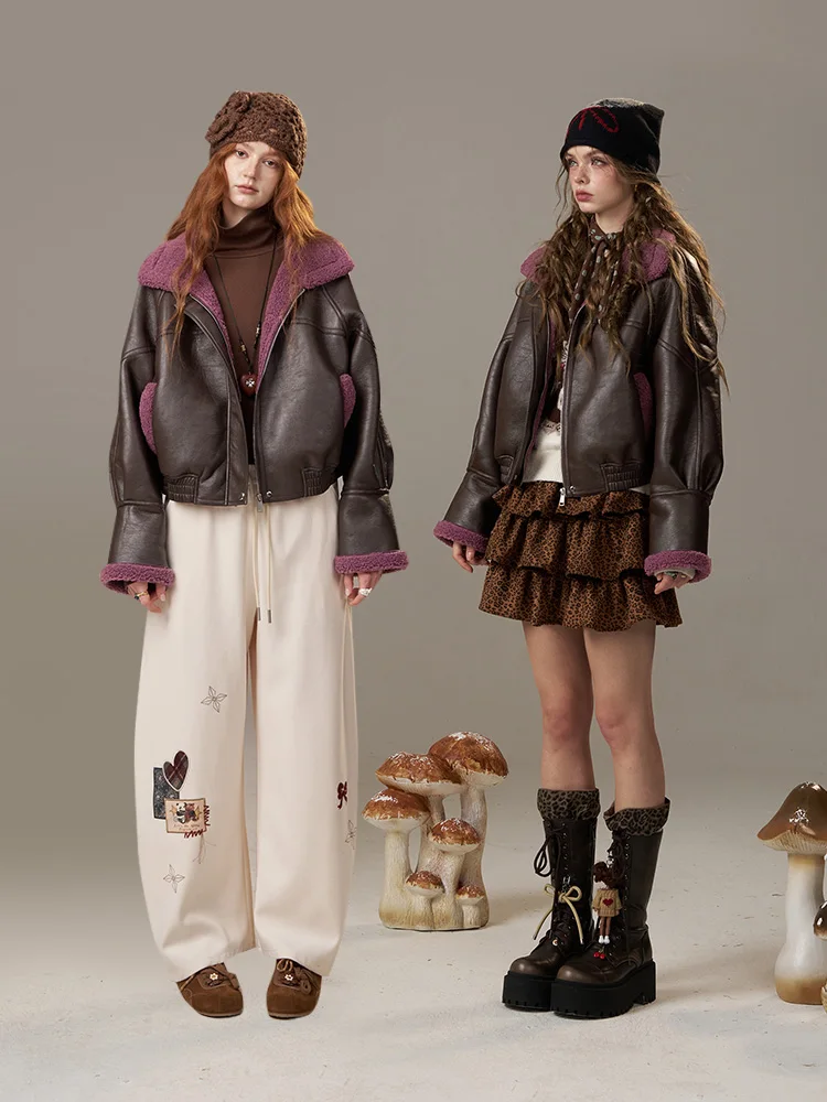 Elfsa レディース フェイクファー ジャケット ブラウニー スレ ウィンター コート インテイテッド レザー アンド ファー アウター カジュアル フリップカラー ジッパー