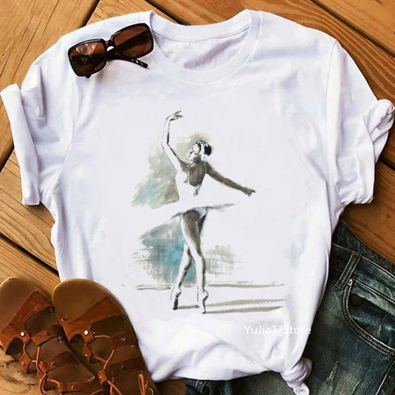 Vintage Women\'S T-Shirt Watercolor Ballerina Dancer Print Tshirt Femme Aesthetic Clothes Summer Fashion Short Sleeve T Shirt