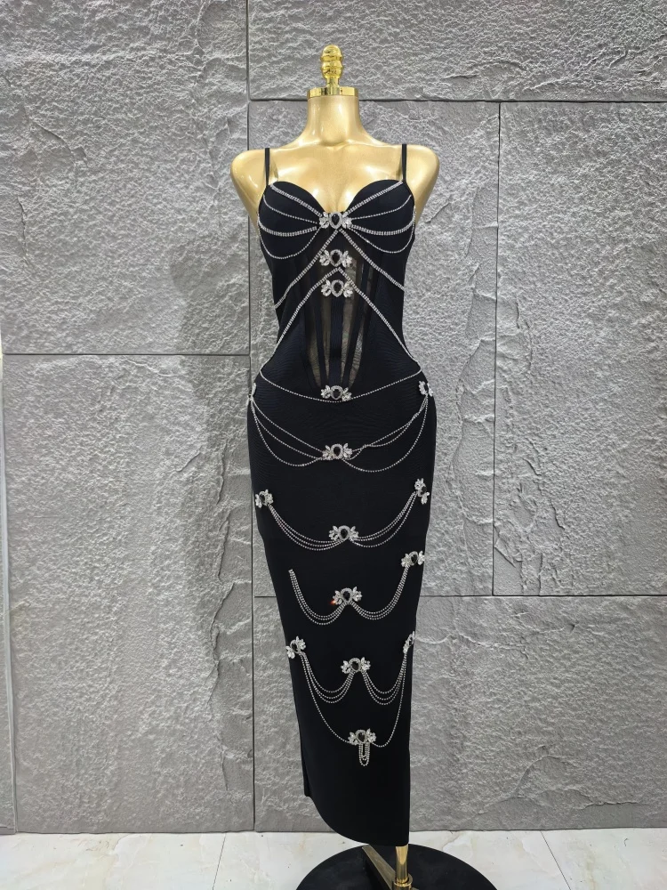 

Black Color Women Sleeveless Sexy V-Neck Shinning Diamond Chain Bodycon Long Bandage Dress Cocktail Evening Party Outfit