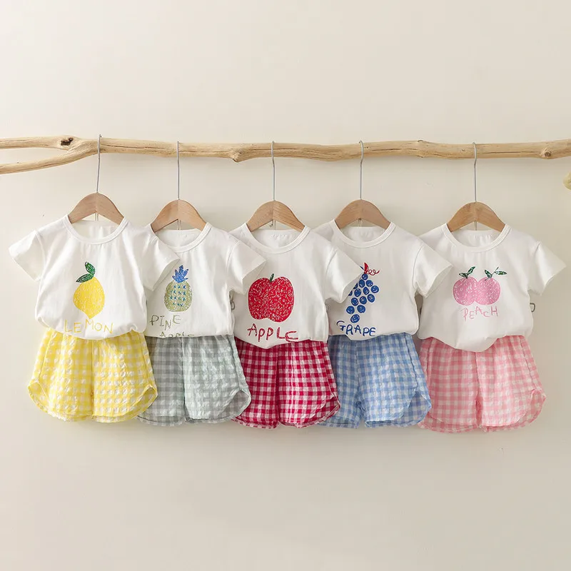 Traje de manga corta para niña, conjuntos con estampado de frutas, camisetas y pantalones cortos, ropa a cuadros, trajes de princesa para niño de 0 a 6 años, 2 uds.
