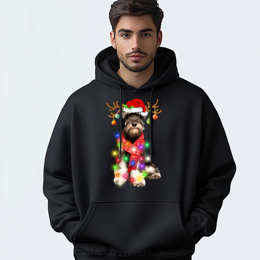 

Funny Puppy Lover Schnauzer Christmas Lights Pajama Hiphop Streetwear Natural Men's Polyester Fiber Hoodie Lovers Day