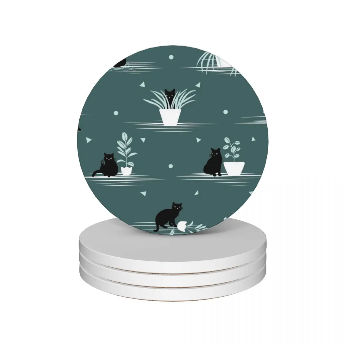 

When the Black Cat is Alone at Home (Dark Green) Ceramic Coasters (Set of 4) cute for coffee mugs drinks white Coasters