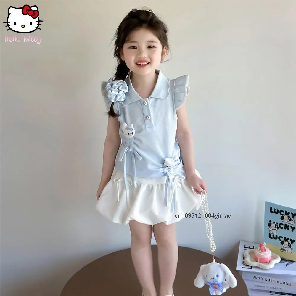 

Детский комплект юбки с короткими рукавами и рисунком «Hello Kitty», аниме Sanrios для девочек, милые синие топы с воротником-поло и бантом, юбка, брюки ﻿