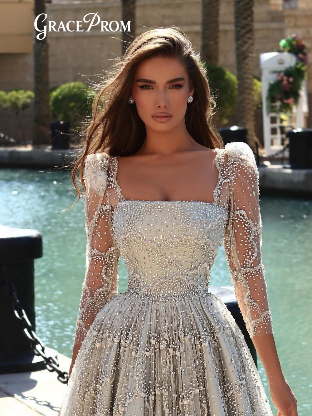 

Elegant Silver Gray Square Evening Dress Sheer Puff Sleeve Beading Pearls A Line Formal Party Gown For Women Vestido De Gala